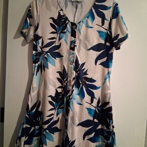Manydress Button-Front Floral A-Line Dress in Blue and White